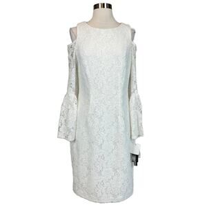 AQUA White Lace Long Sleeve Cold Shoulder Midi Sheath Cocktail Dress Size 10
